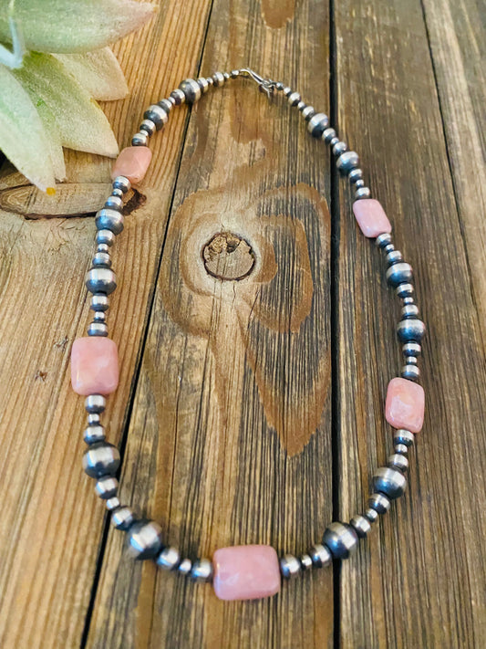 Navajo Sterling Silver Pearl & Pink Opal Beaded Necklace