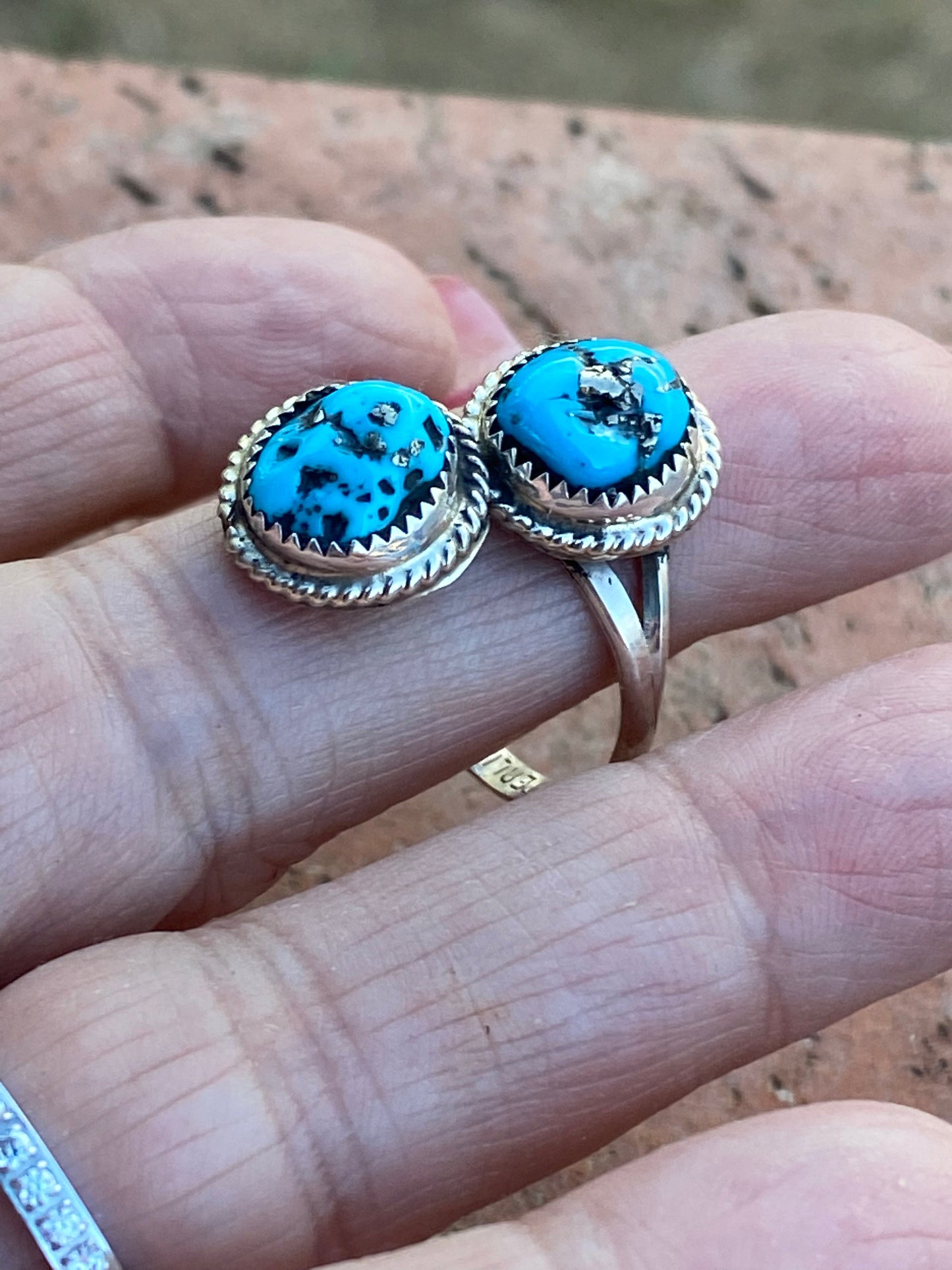 Navajo 2 Stone Turquoise And Sterling Silver Adjustable Ring