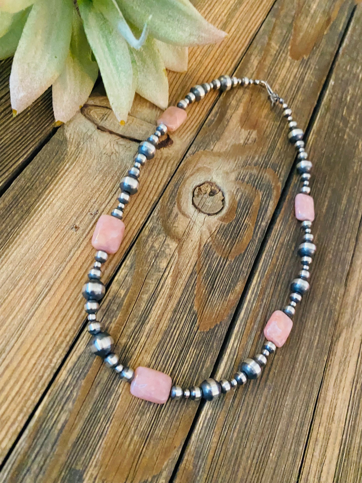 Navajo Sterling Silver Pearl & Pink Opal Beaded Necklace